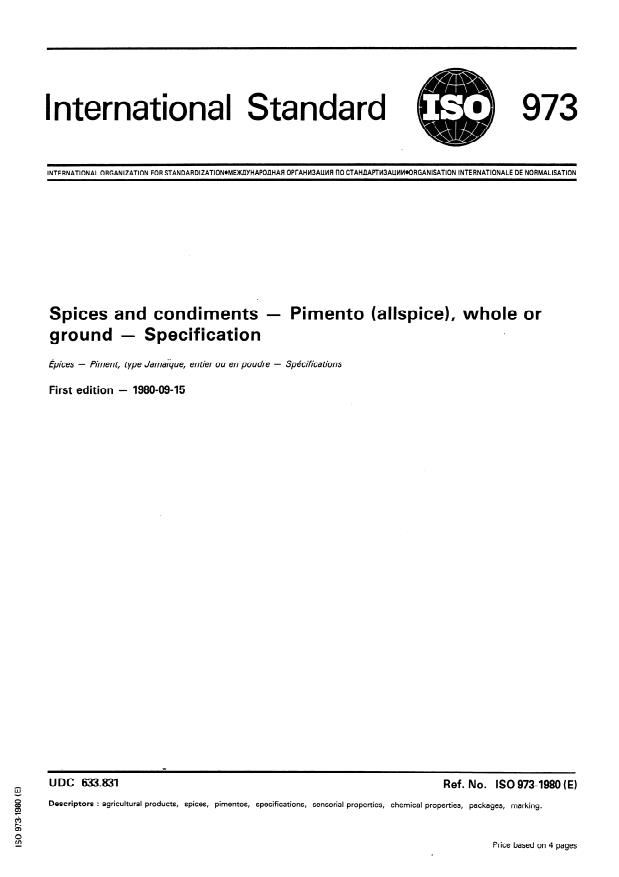 ISO 973:1980 - Spices and condiments -- Pimento (allspice), whole or ground -- Specification