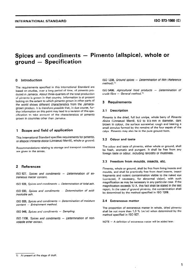 ISO 973:1980 - Spices and condiments -- Pimento (allspice), whole or ground -- Specification
