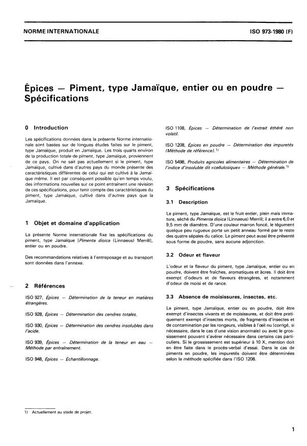 ISO 973:1980 - Épices -- Piment, type Jamaique, entier ou en poudre -- Spécifications