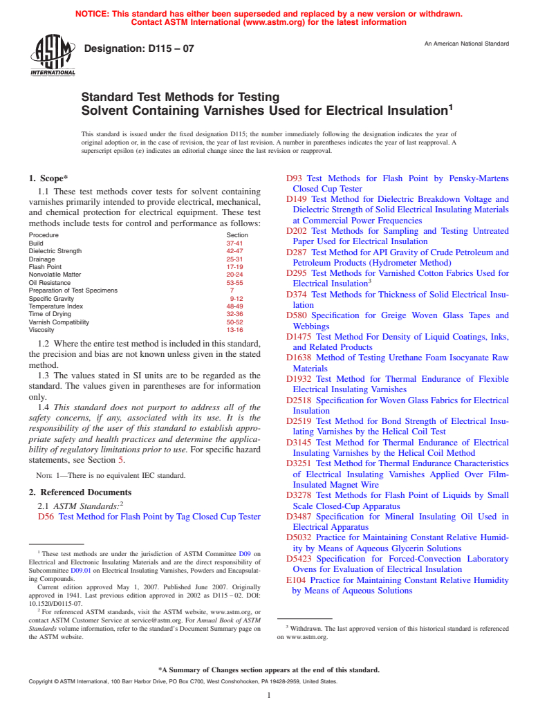 ASTM D115-07 - Standard Test Methods for Testing Solvent Containing Varnishes Used for Electrical Insulation