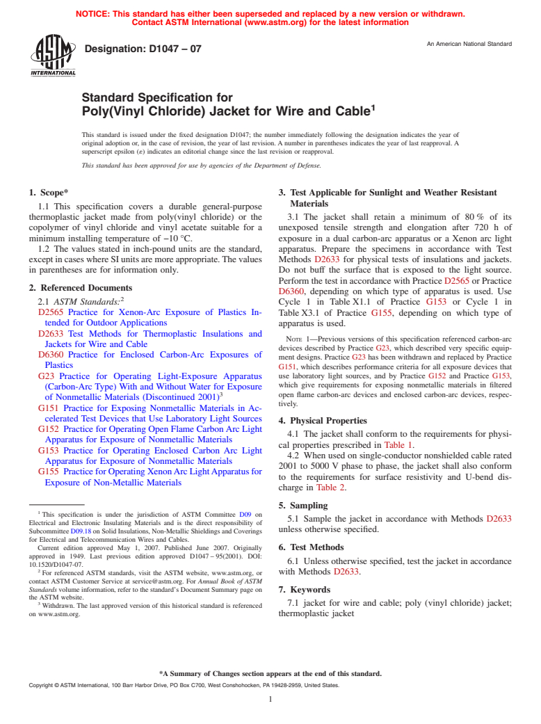 ASTM D1047-07 - Standard Specification for Poly(Vinyl Chloride) Jacket for Wire and Cable