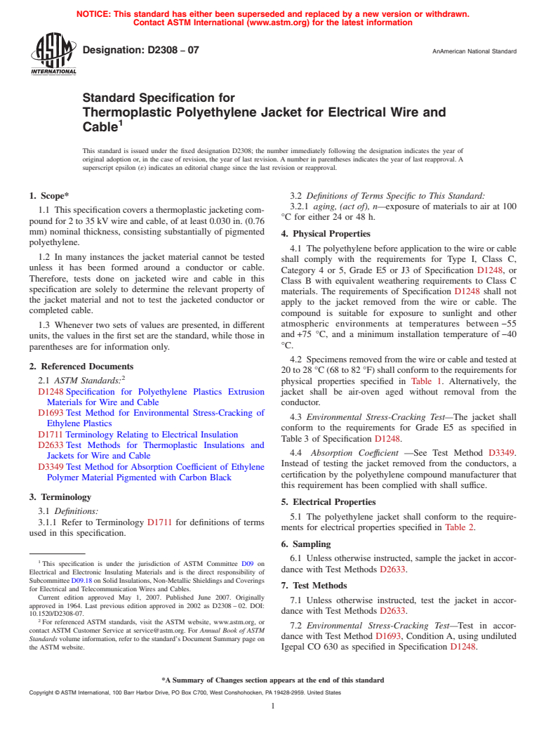 ASTM D2308-07 - Standard Specification for Thermoplastic Polyethylene Jacket for Electrical Wire and Cable