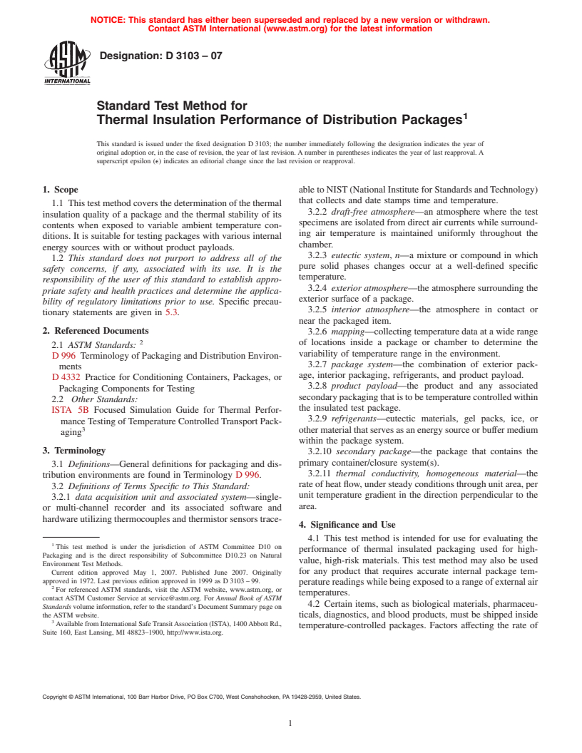 ASTM D3103-07 - Standard Test Method for Thermal Insulation Performance of Distribution Packages