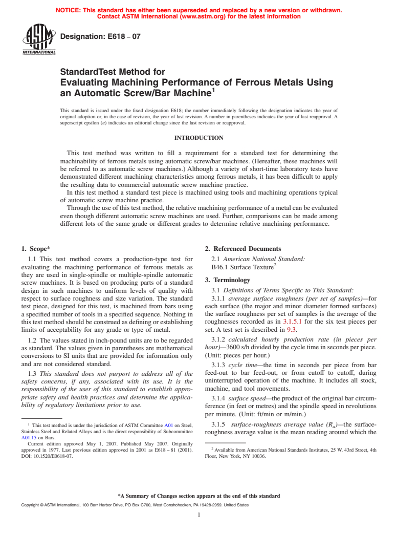 ASTM E618-07 - Standard Test Method for Evaluating Machining Performance of Ferrous Metals Using an Automatic Screw/Bar Machine