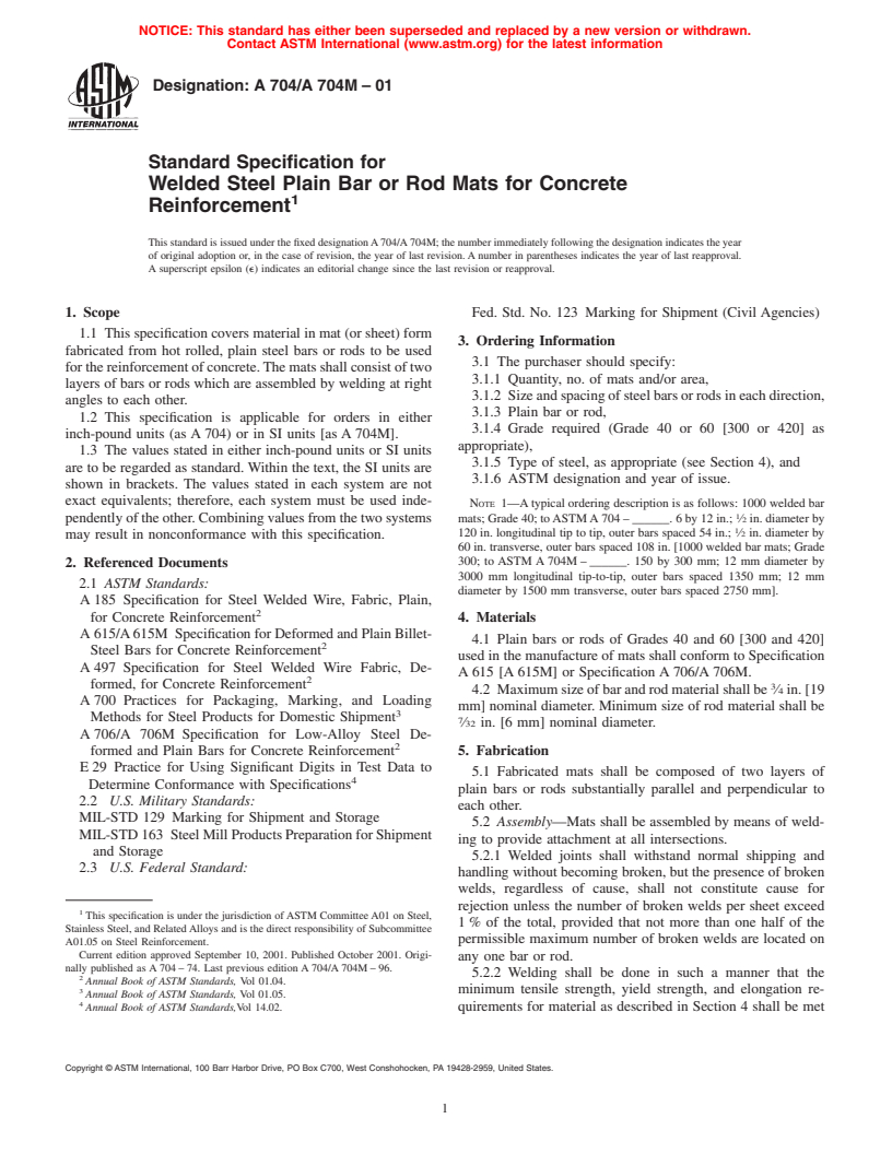 ASTM A704/A704M-01 - Standard Specification for Welded Steel Plain Bar or Rod Mats for Concrete Reinforcement