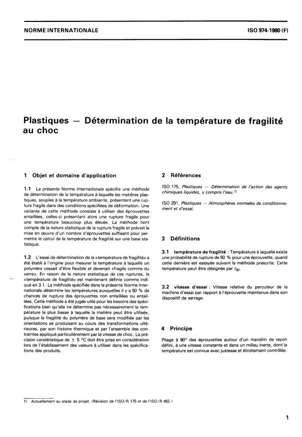 ISO 974:1980 - Plastiques -- Détermination de la température de fragilité au choc
