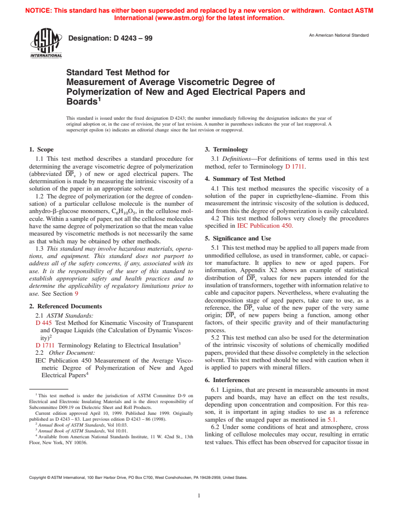 ASTM D4243-99 - Standard Test Method for Measurement of Average Viscometric Degree of Polymerization of New and Aged Electrical Papers and Boards