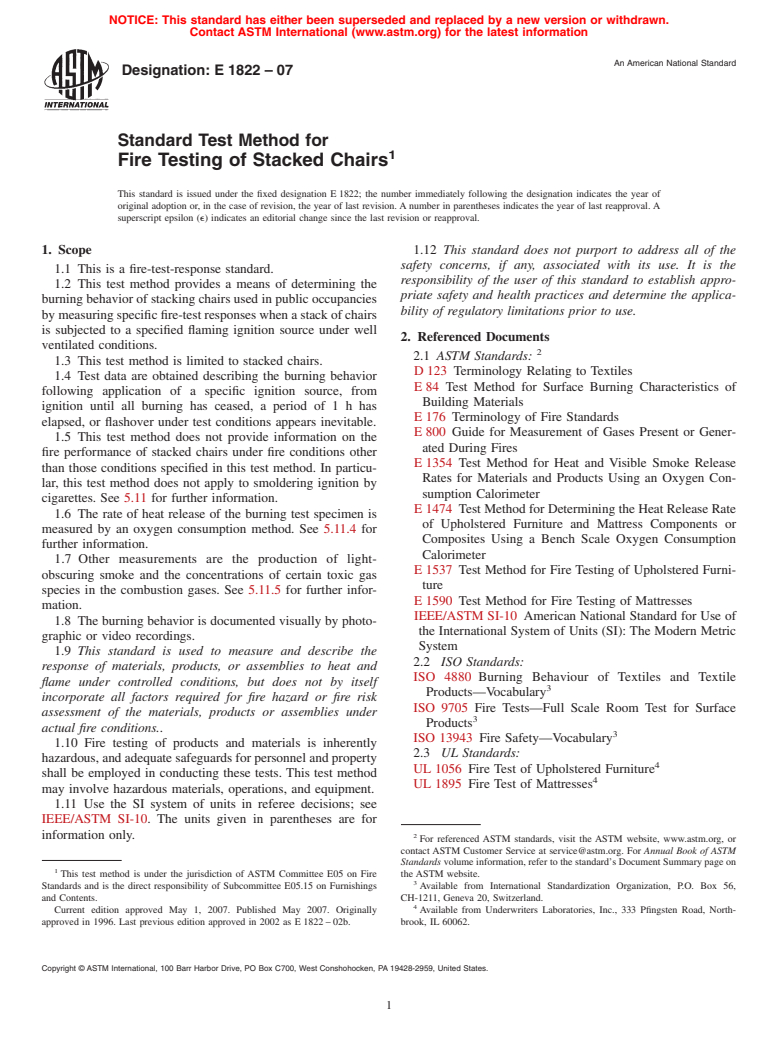 ASTM E1822-07 - Standard Test Method for Fire Testing of Stacked Chairs