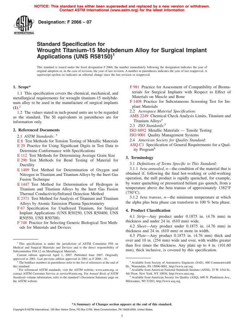 ASTM F2066-07 - Standard Specification for Wrought Titanium-15 Molybdenum Alloy for Surgical Implant Applications (UNS R58150)