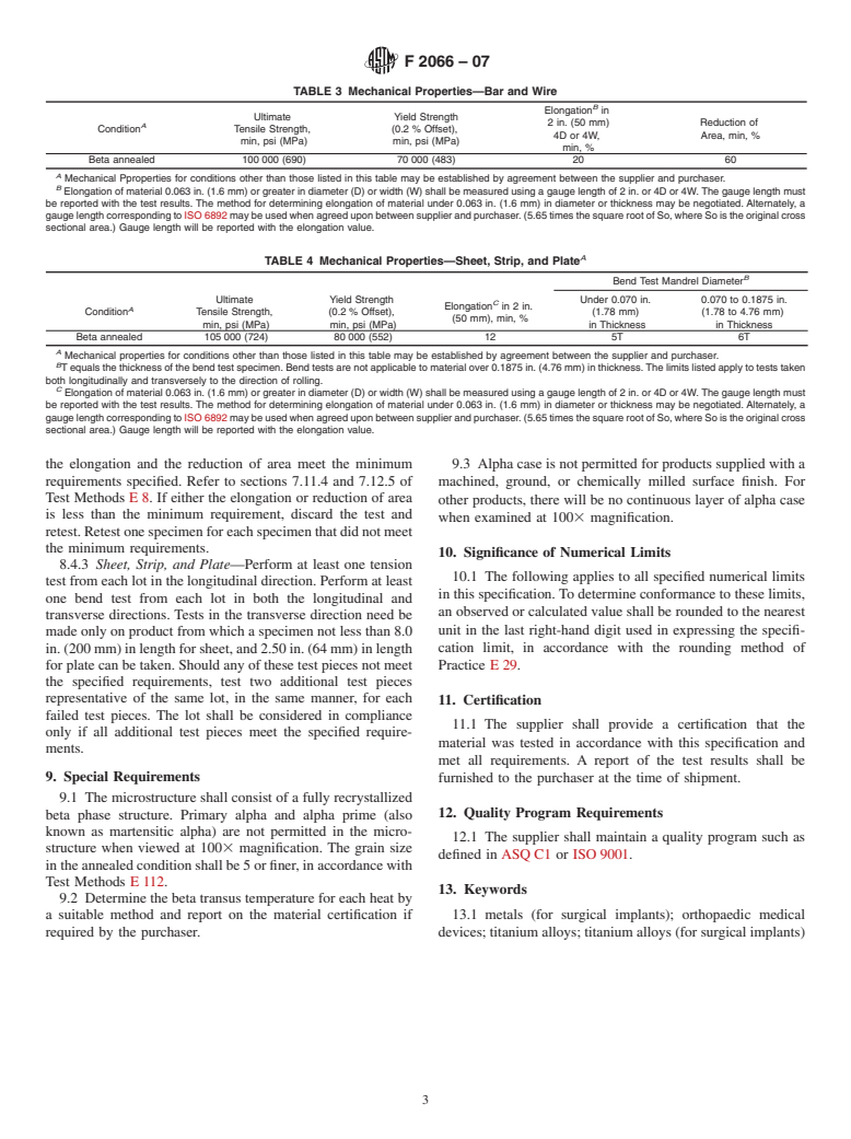 ASTM F2066-07 - Standard Specification for Wrought Titanium-15 Molybdenum Alloy for Surgical Implant Applications (UNS R58150)