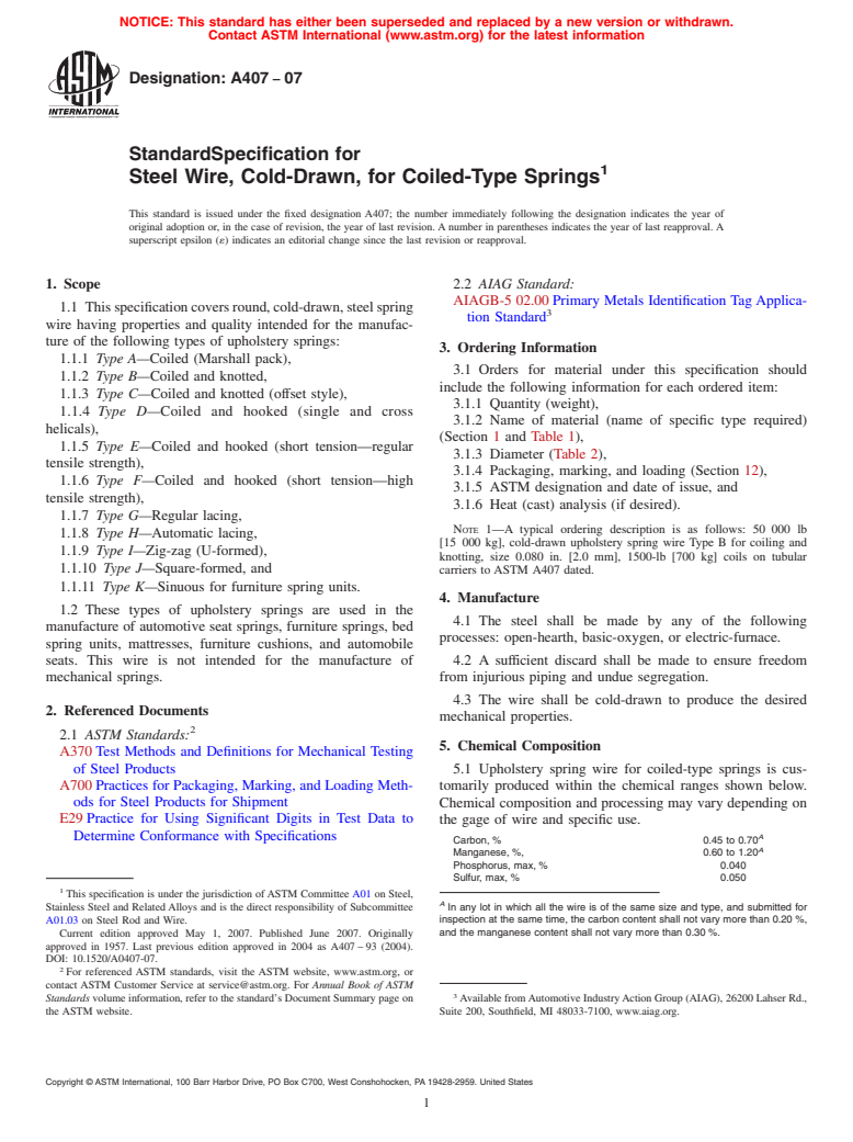 ASTM A407-07 - Standard Specification for Steel Wire, Cold-Drawn, for Coiled-Type Springs