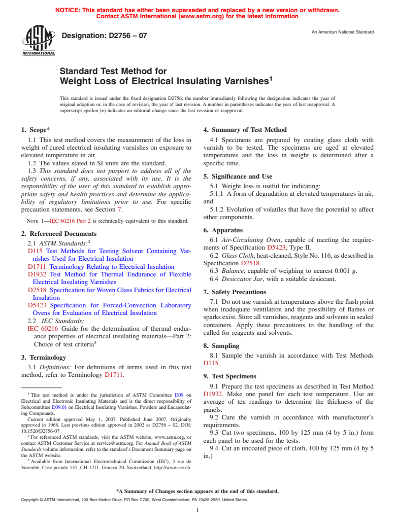 ASTM D2756-07 - Standard Test Method for Weight Loss of Electrical Insulating Varnishes