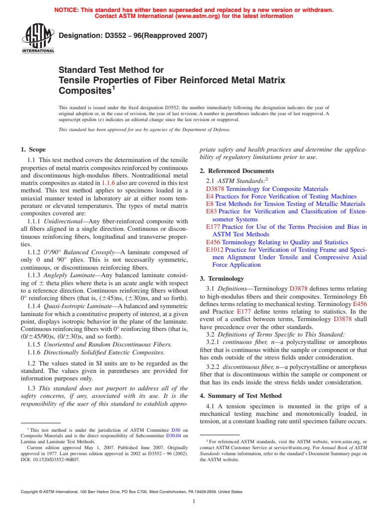 ASTM D3552-96(2007) - Standard Test Method for Tensile Properties of Fiber Reinforced Metal Matrix Composites