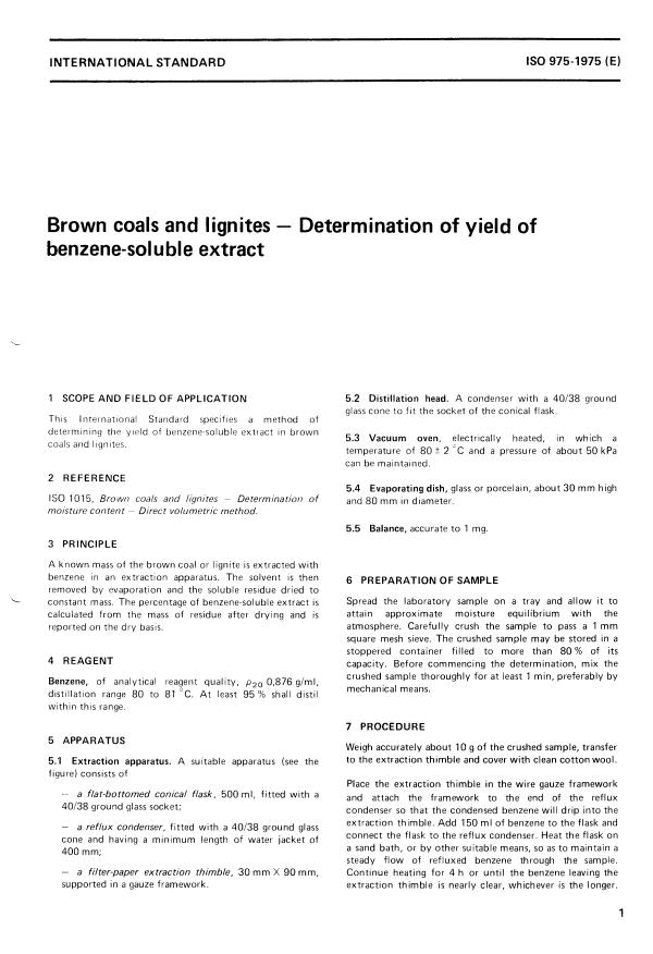 ISO 975:1975 - Brown coals and lignites -- Determination of yield of benzene-soluble extract