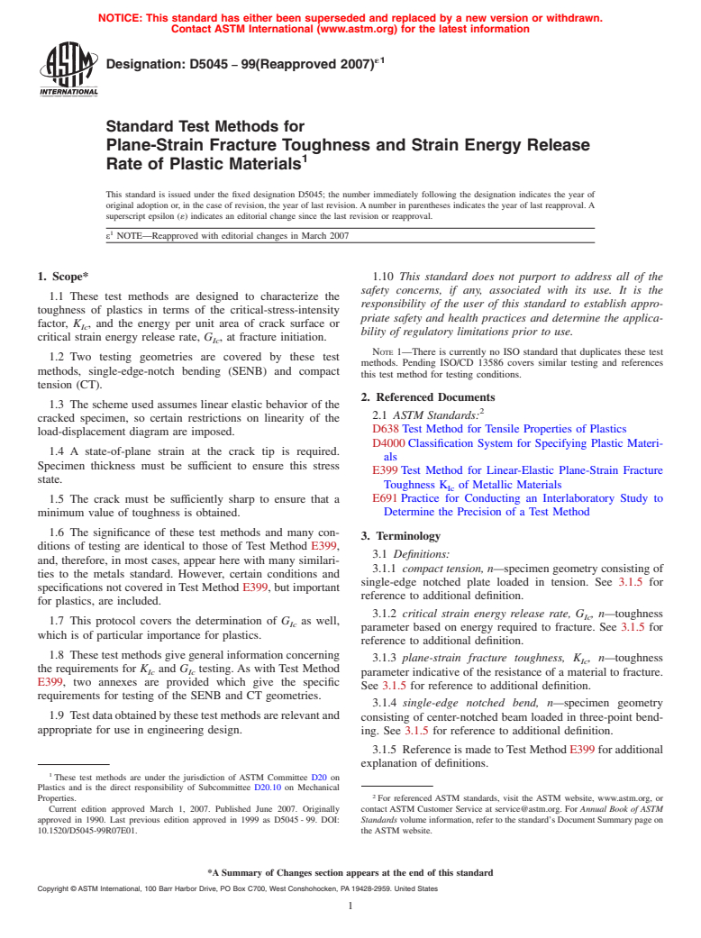 ASTM D5045-99(2007)e1 - Standard Test Methods for Plane-Strain Fracture Toughness and Strain Energy Release Rate of Plastic Materials