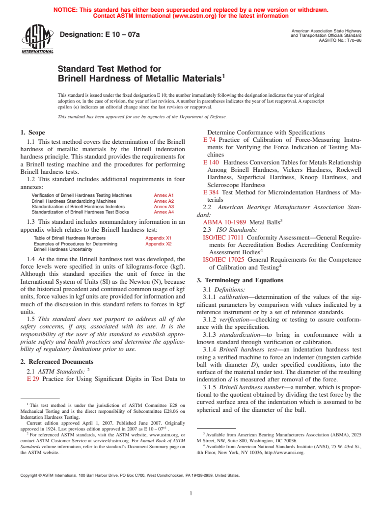 ASTM E10-07a - Standard Test Method for Brinell Hardness of Metallic Materials