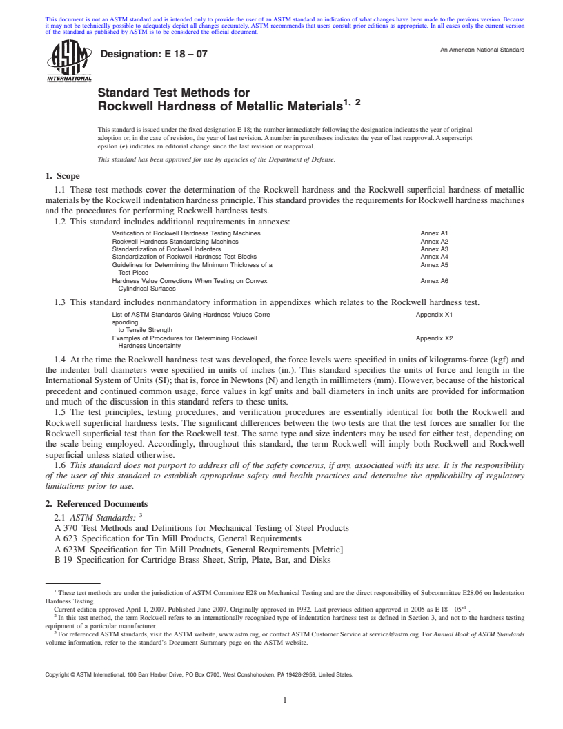 REDLINE ASTM E18-07 - Standard Test Methods for Rockwell Hardness of Metallic Materials