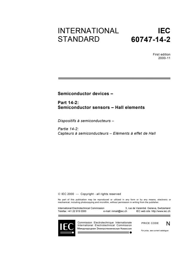 IEC 60747-14-2:2000 - Semiconductor devices - Part 14-2: Semiconductor sensors -  Hall elements