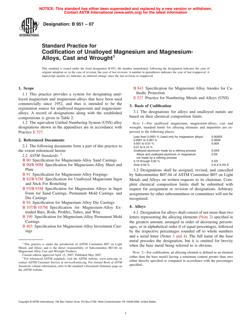 ASTM B951-07 - Standard Practice for Codification of Unalloyed Magnesium and Magnesium-Alloys, Cast and Wrought