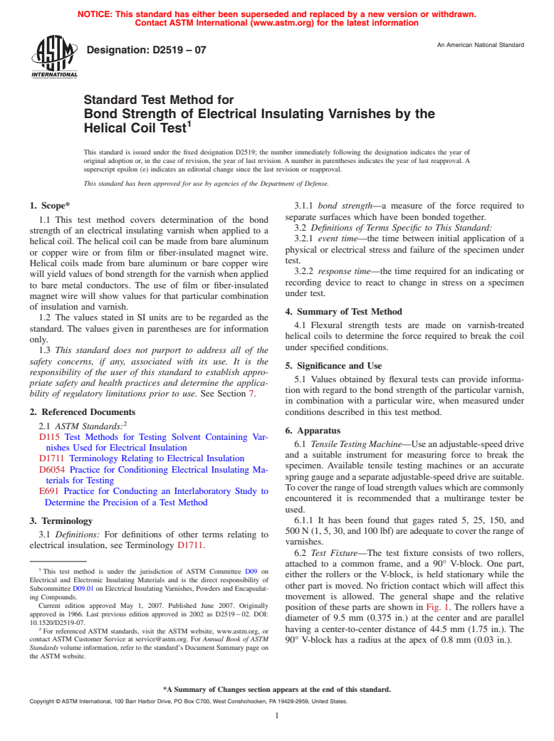 ASTM D2519-07 - Standard Test Method for Bond Strength of Electrical Insulating Varnishes by the Helical Coil Test