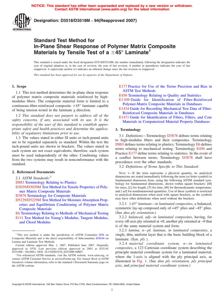 ASTM D3518/D3518M-94(2007) - Standard Test Method for In-Plane Shear Response of Polymer Matrix Composite Materials by Tensile Test of a &#177;45&#176; Laminate