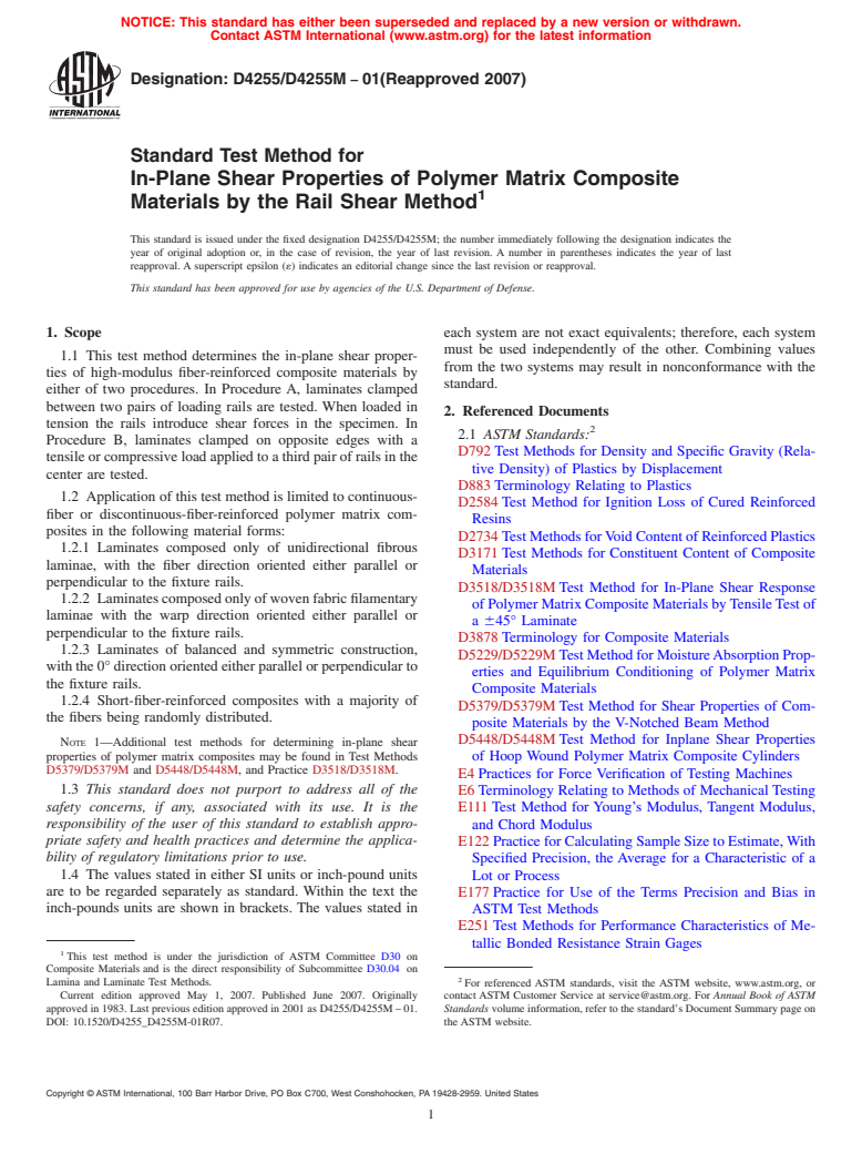 ASTM D4255/D4255M-01(2007) - Standard Test Method for In-Plane Shear Properties of Polymer Matrix Composite Materials by the Rail Shear Method