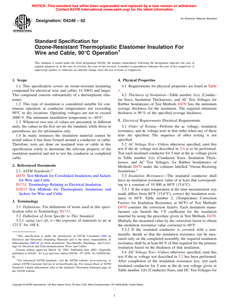 ASTM D4246-02 - Standard Specification for Ozone-Resistant Thermoplastic Elastomer Insulation For Wire and Cable, 90&#176C Operation