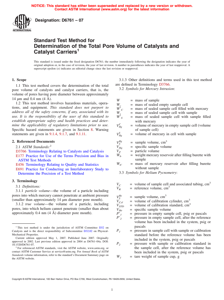 ASTM D6761-07 - Standard Test Method for Determination of the Total Pore Volume of Catalysts and Catalyst Carriers