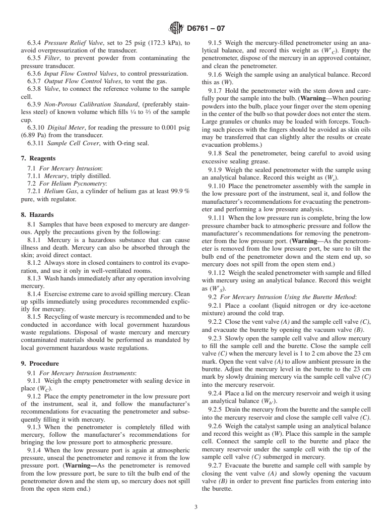 ASTM D6761-07 - Standard Test Method for Determination of the Total Pore Volume of Catalysts and Catalyst Carriers