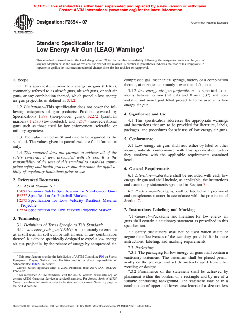 ASTM F2654-07 - Standard Specification for Low Energy Air Gun (LEAG) Warnings