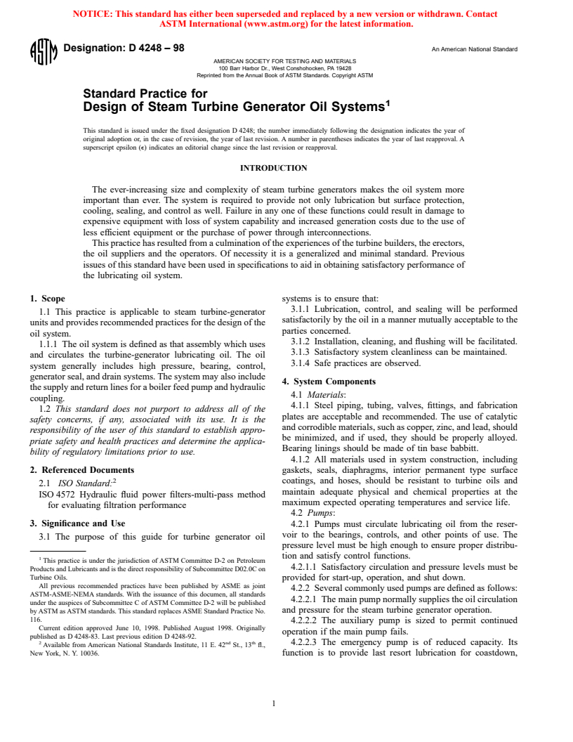 ASTM D4248-98 - Standard Practice for Design of Steam Turbine Generator Oil Systems