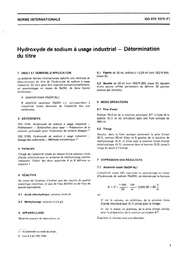 ISO 979:1974 - Hydroxyde de sodium a usage industriel -- Détermination du titre