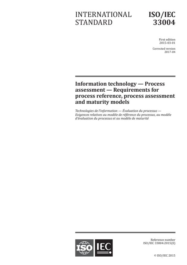 ISO/IEC 33004:2015 - Information technology -- Process assessment -- Requirements for process reference, process assessment and maturity models