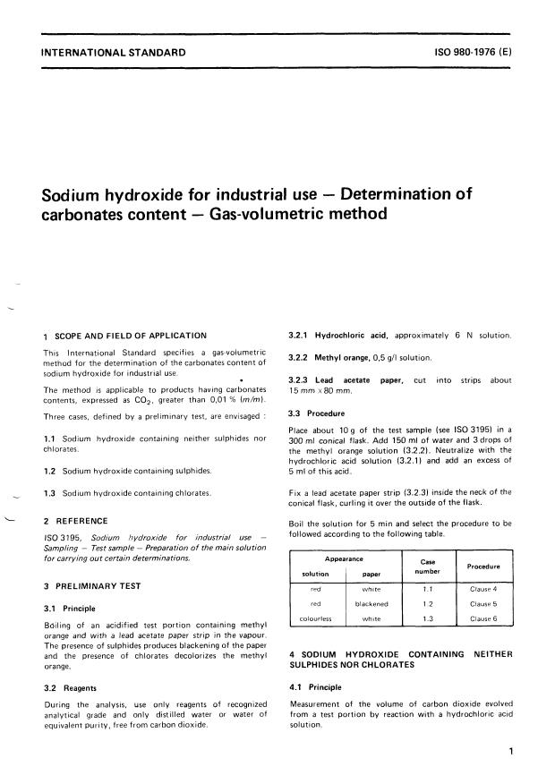 ISO 980:1976 - Sodium hydroxide for industrial use -- Determination of carbonates content -- Gas-volumetric method