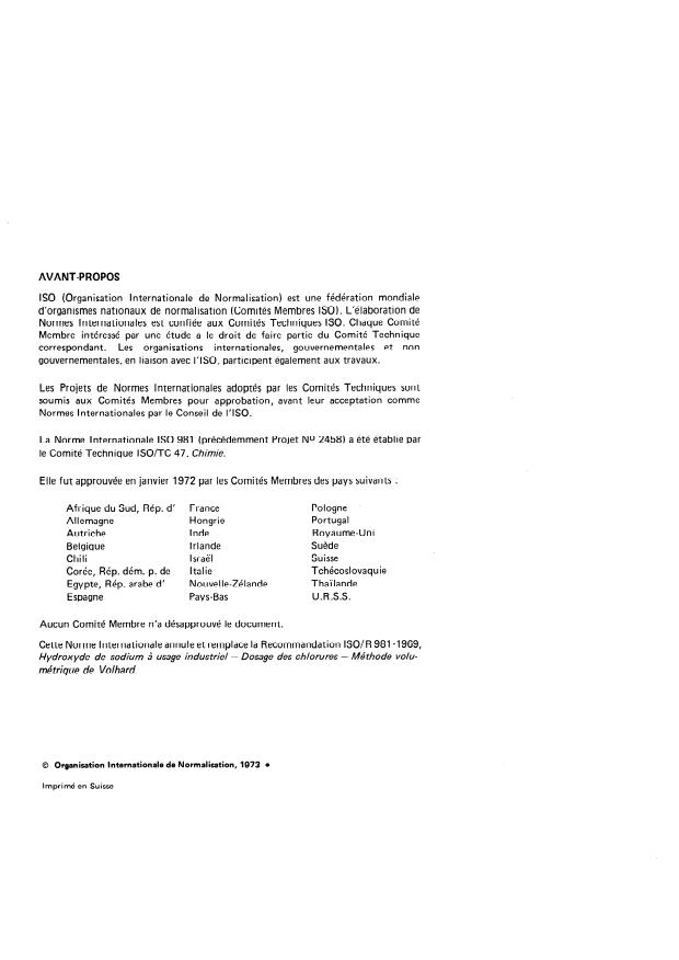ISO 981:1973 ISO 981:1973 - Hydroxyde de sodium a usage industriel -- Dosage des chlorures -- Méthode mercurimétrique - Page 2 preview