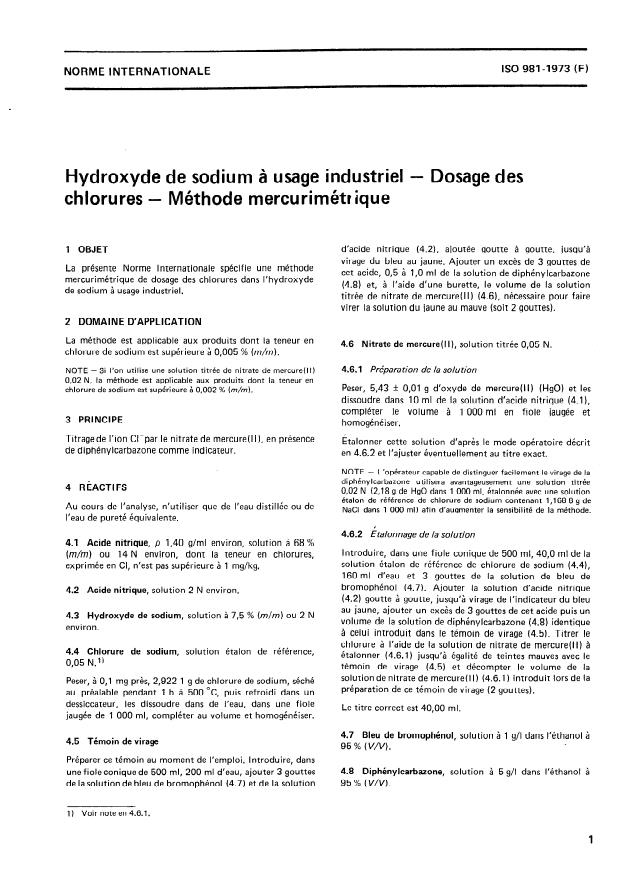 ISO 981:1973 - Hydroxyde de sodium a usage industriel -- Dosage des chlorures -- Méthode mercurimétrique