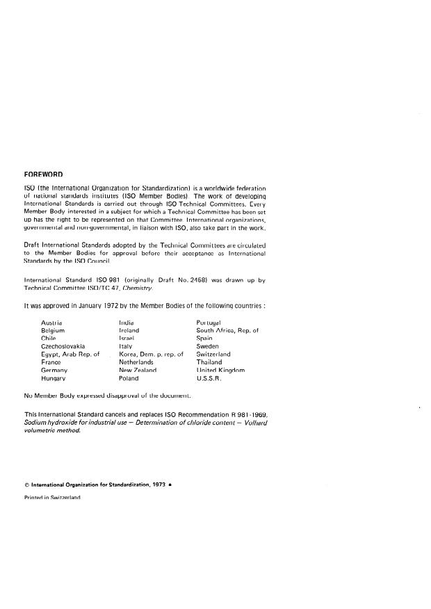 ISO 981:1973 ISO 981:1973 - Sodium hydroxide for industrial use -- Determination of chloride content -- Mercurimetric method - Page 2 preview