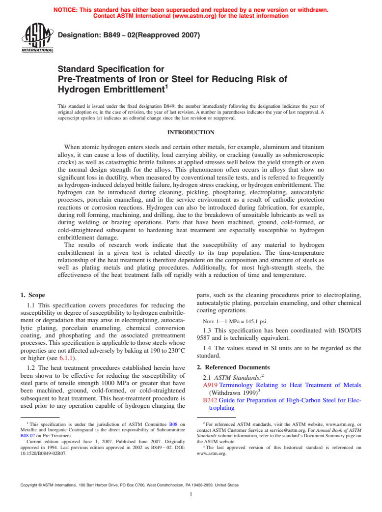 ASTM B849-02(2007) - Standard Specification for Pre-Treatments of Iron or Steel for Reducing Risk of Hydrogen Embrittlement