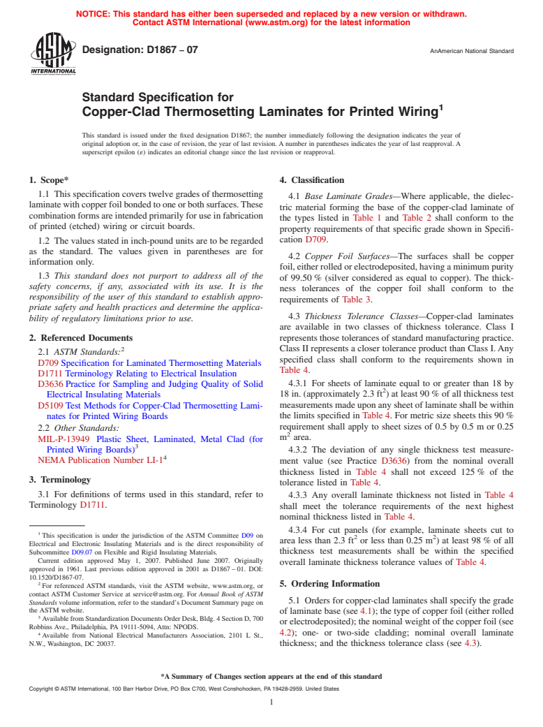 ASTM D1867-07 - Standard Specification for Copper-Clad Thermosetting Laminates for Printed Wiring