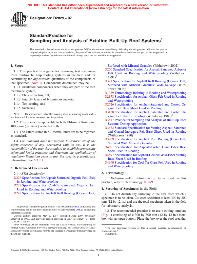 ASTM D2829-07 - Standard Practice for Sampling and Analysis of Existing Built-Up Roof Systems