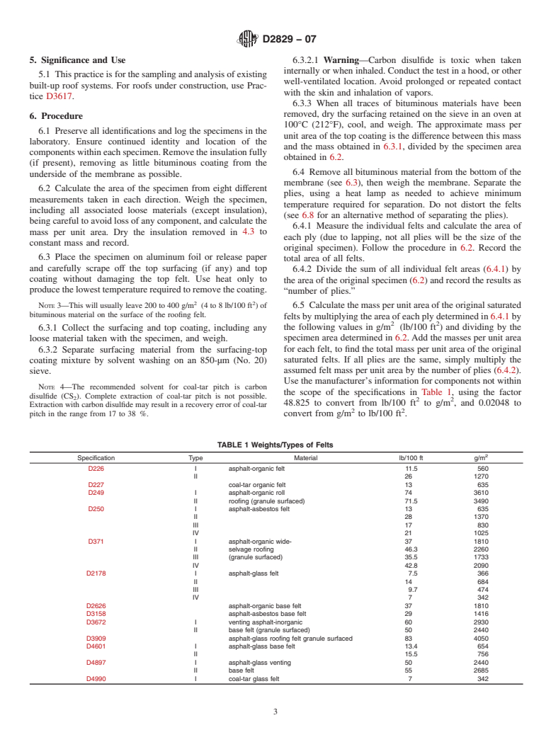 ASTM D2829-07 - Standard Practice for Sampling and Analysis of Existing Built-Up Roof Systems