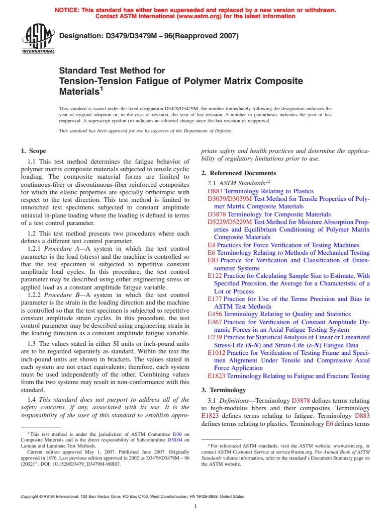 ASTM D3479/D3479M-96(2007) - Standard Test Method for Tension-Tension Fatigue of Polymer Matrix Composite Materials