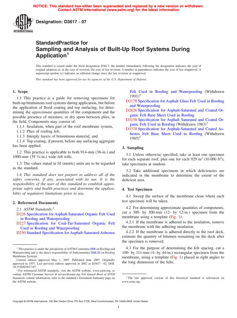ASTM D3617-07 - Standard Practice for Sampling and Analysis of Built-Up Roof Systems During Application