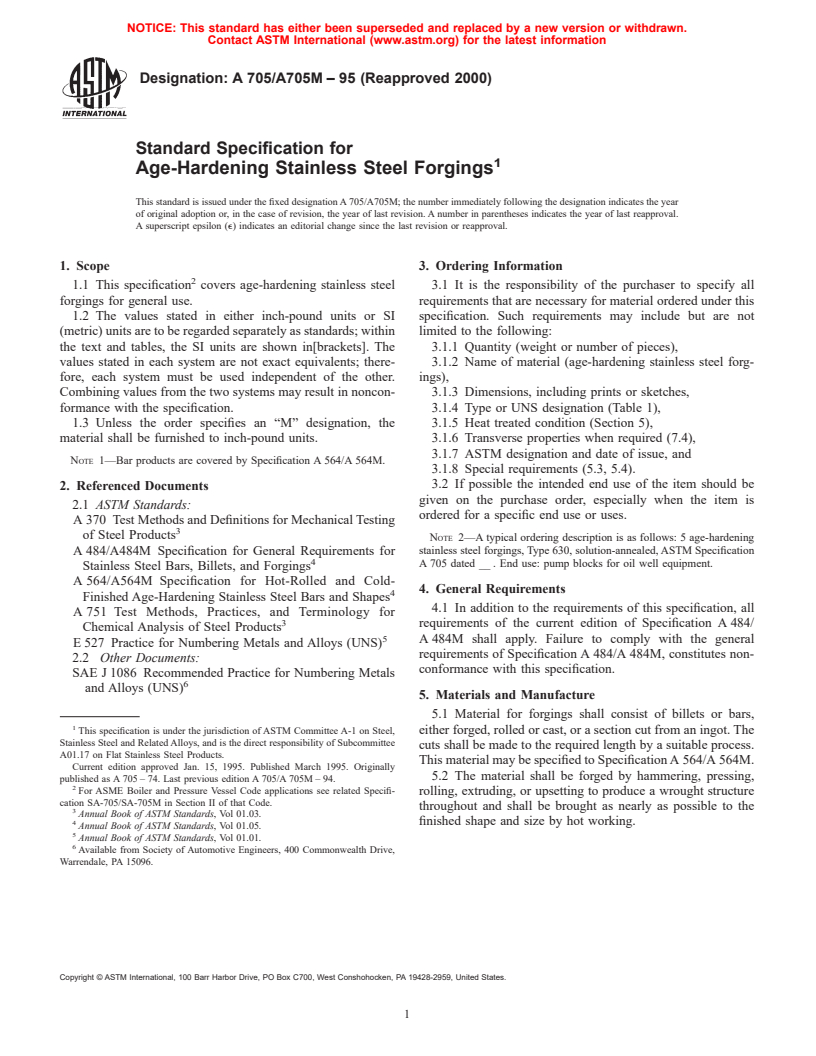 ASTM A705/A705M-95(2000) - Standard Specification for Age-Hardening Stainless Steel Forgings