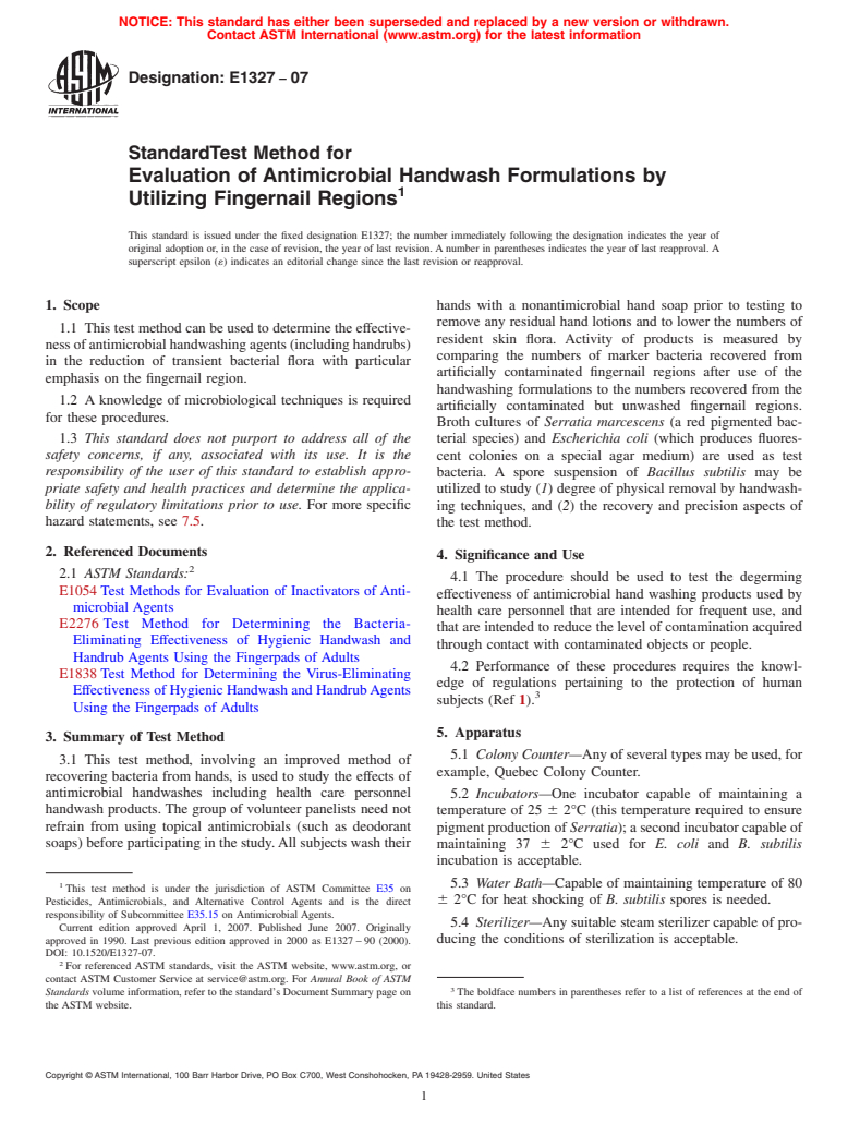 ASTM E1327-07 - Standard Test Method for Evaluation of Antimicrobial Handwash Formulations by Utilizing Fingernail Regions