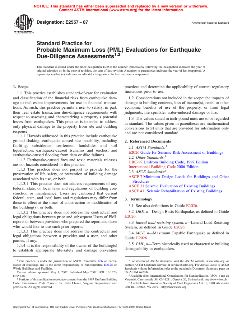 ASTM E2557-07 - Standard Practice for Probable Maximum Loss (PML) Evaluations for Earthquake Due-Diligence Assessments