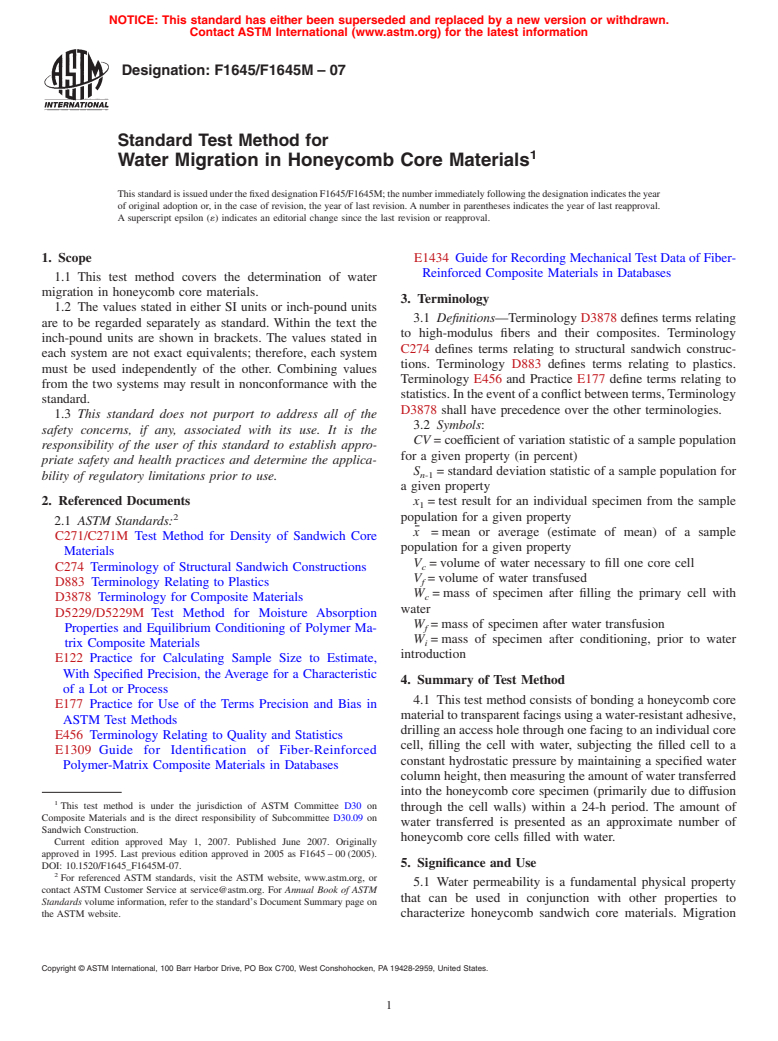 ASTM F1645/F1645M-07 - Standard Test Method for Water Migration in Honeycomb Core Materials