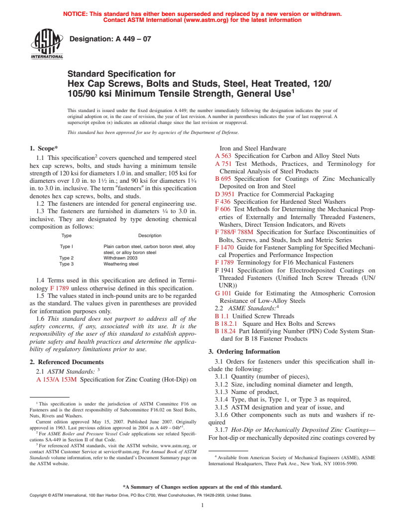 ASTM A449-07 - Standard Specification for Hex Cap Screws, Bolts and Studs, Steel, Heat Treated, 120/105/90 ksi Minimum Tensile Strength, General Use