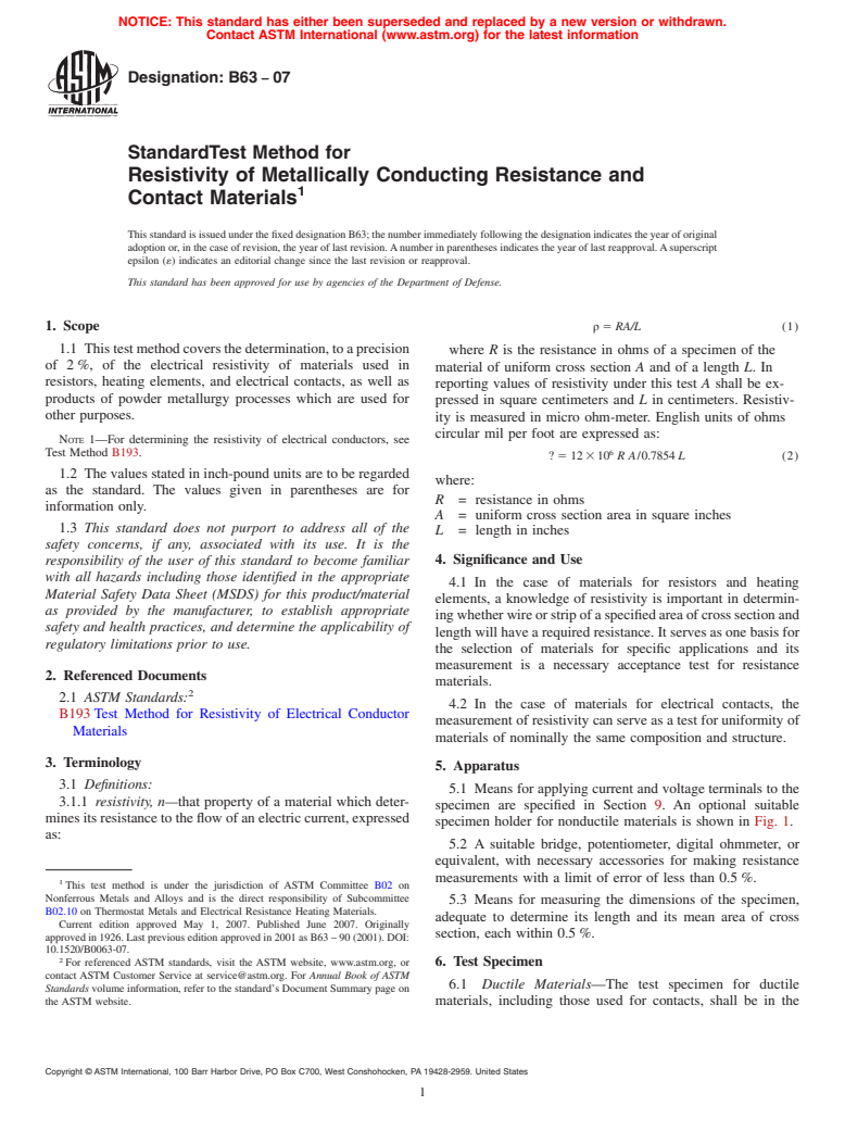 ASTM B63-07 - Standard Test Method for Resistivity of Metallically Conducting Resistance and Contact Materials