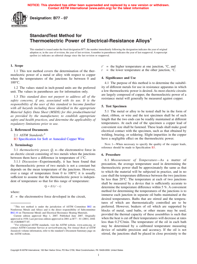 ASTM B77-07 - Standard Test Method for Thermoelectric Power of Electrical-Resistance Alloys